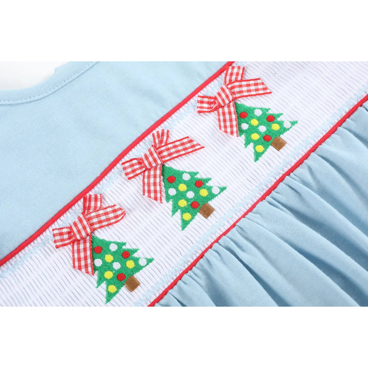 Light Blue Christmas Tree Smocked Knit Ruffle Romper