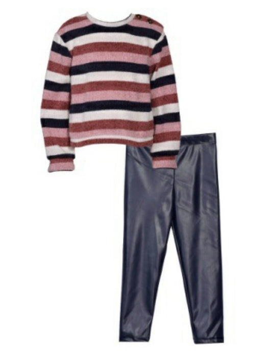 Stripe Sweater and Navy leather Pants Set