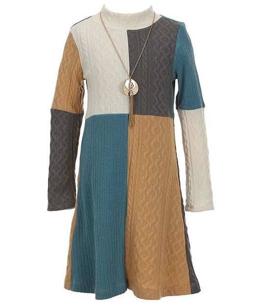 Color Block Sweater Knit Dress & Necklace
