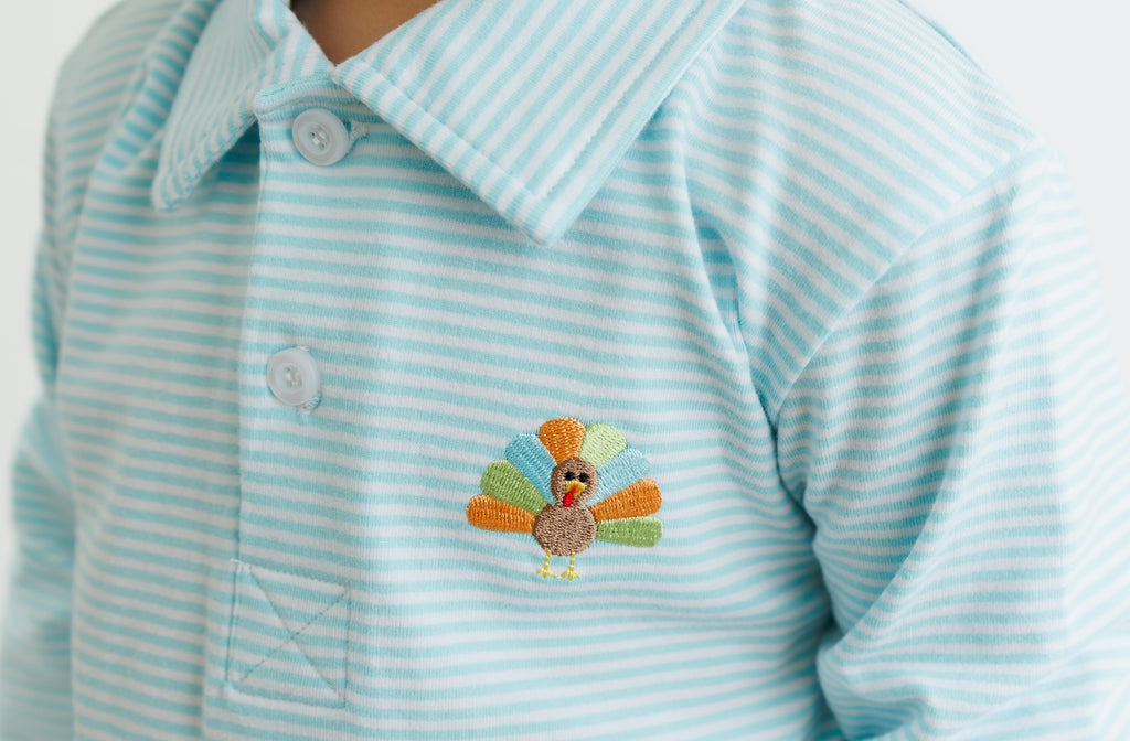 Aqua Stripe Turkey Embroidered Polo