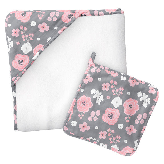 Charcoal Flower Muslin Hooded Towel & Washcloth