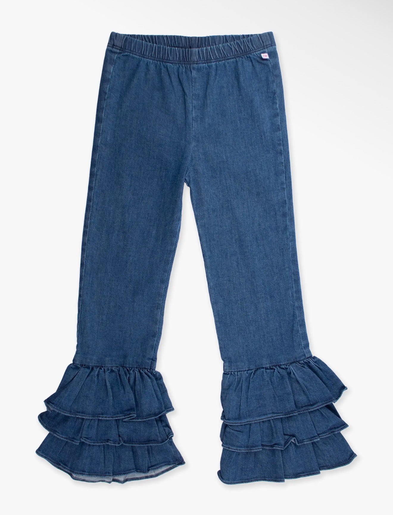 Medium Wash Stretch Denim Ruffle Flare Pants