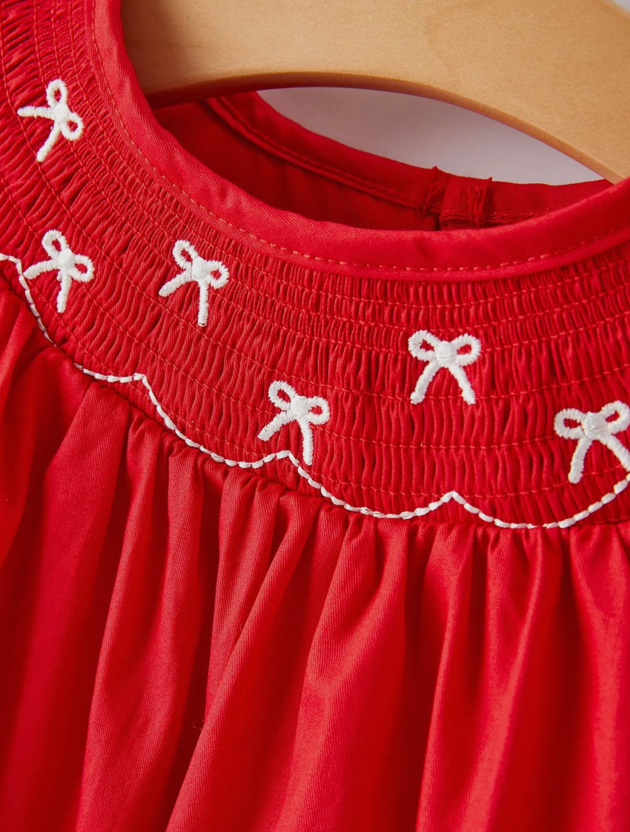Bow Smocking Embroidered Red Bishop Dress
