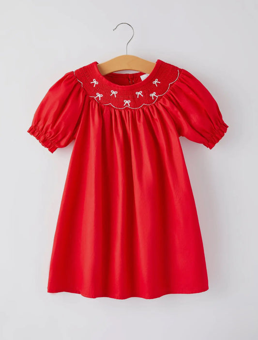 Bow Smocking Embroidered Red Bishop Dress