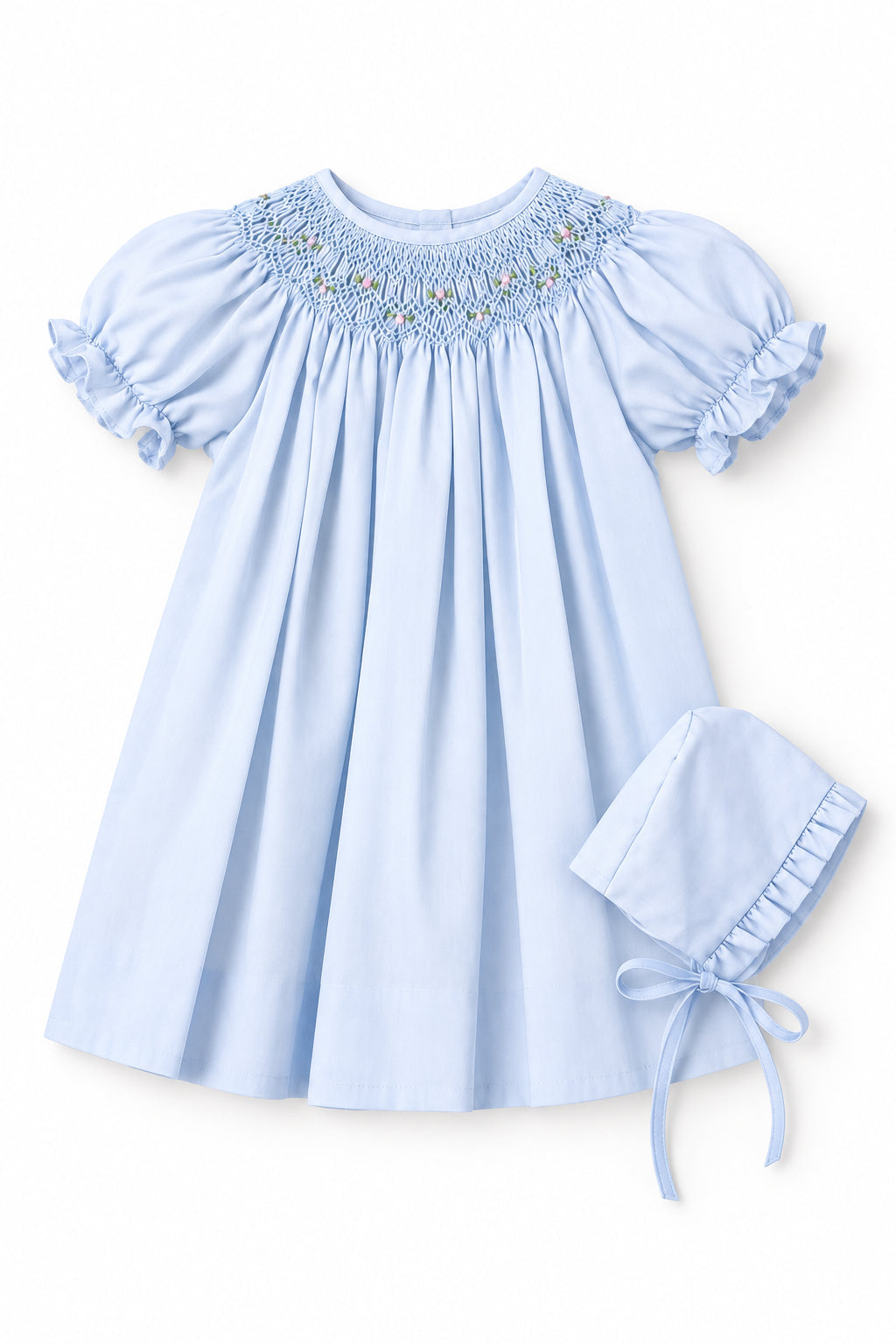 Light Blue Geometric Iris Smocked Dress w/Bonnet