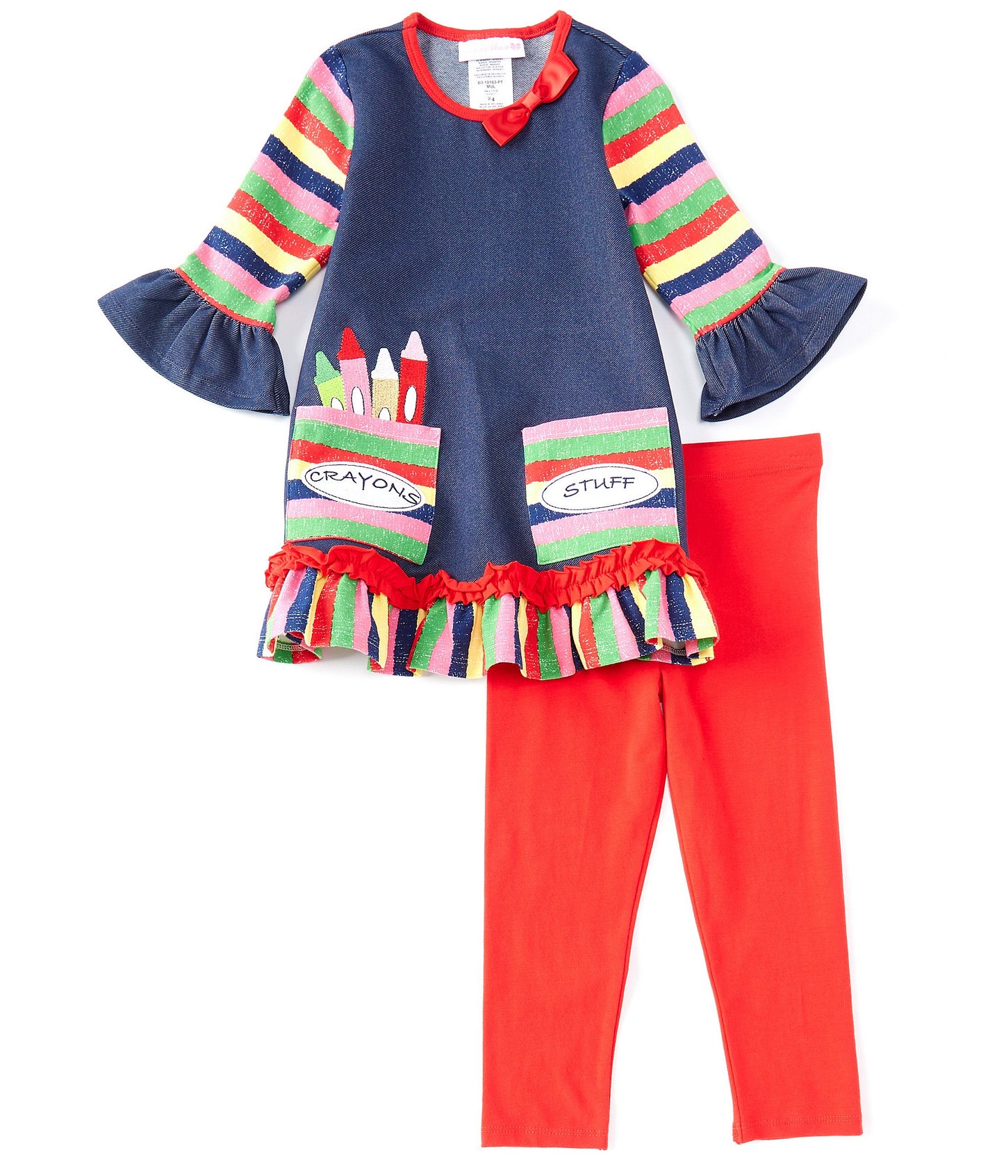Crayon Mixed-Media Denim-Look Bell Sleeve Knit Dress & Solid Leggings Set