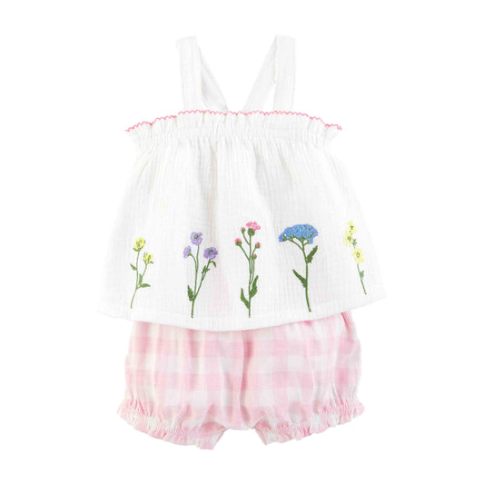 Flower Embroidered Baby Pinafore Set