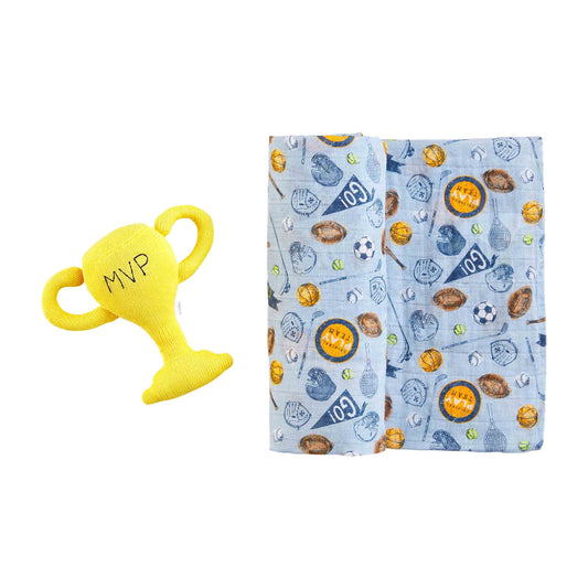 Sports Swaddle And Rattle Set