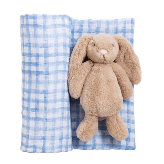 Blue Check Swaddle & Rattle Set