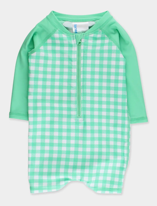 Green Gingham LS One-Piece Rashguard Swimsuit