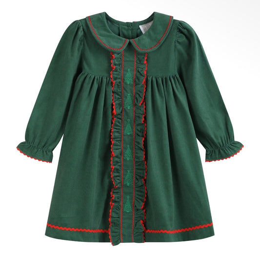 Green Corduroy Christmas Tree Ruffle Dress