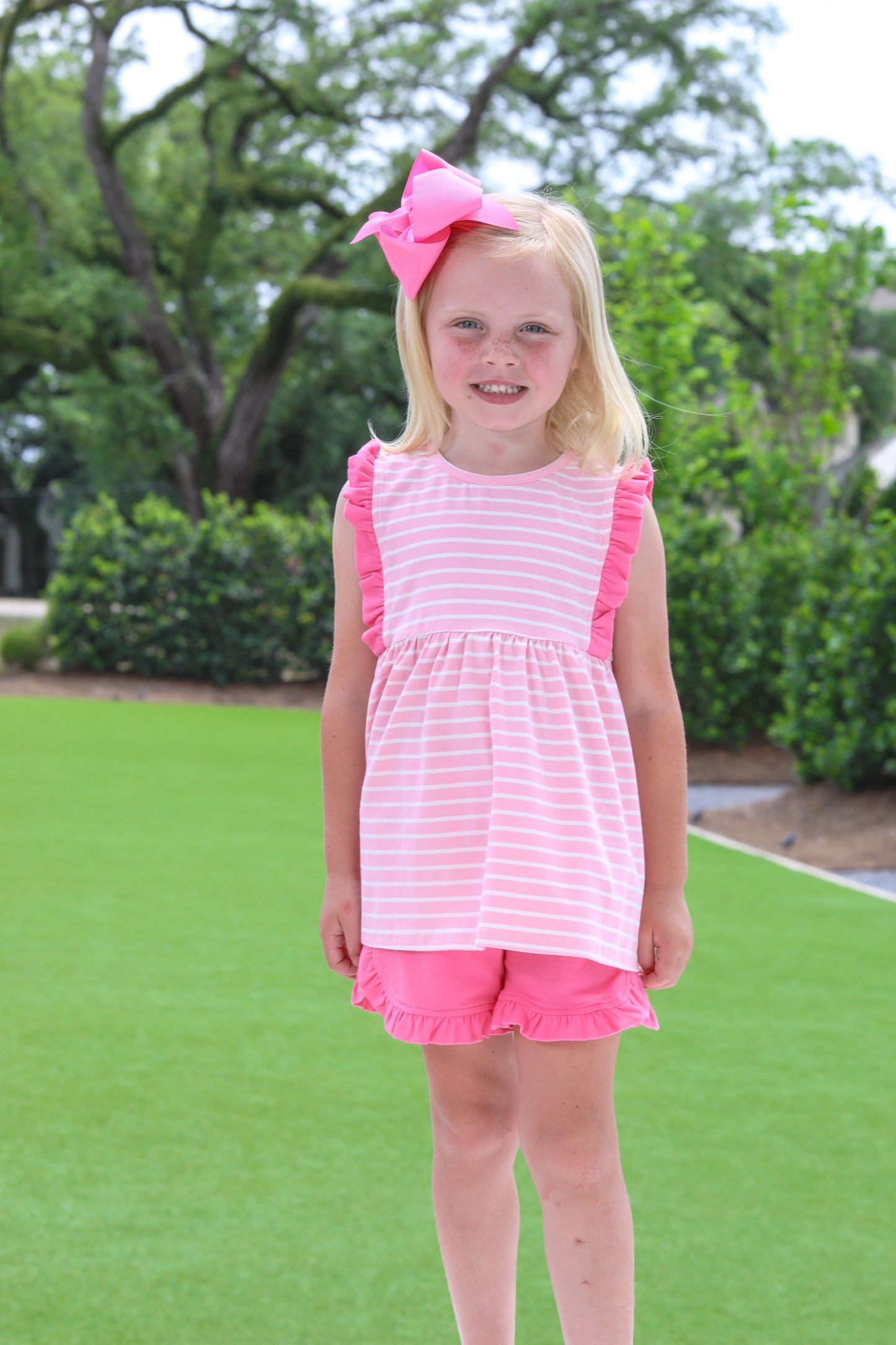 Josie Ruffle Short Set - Lt Pink Stripe