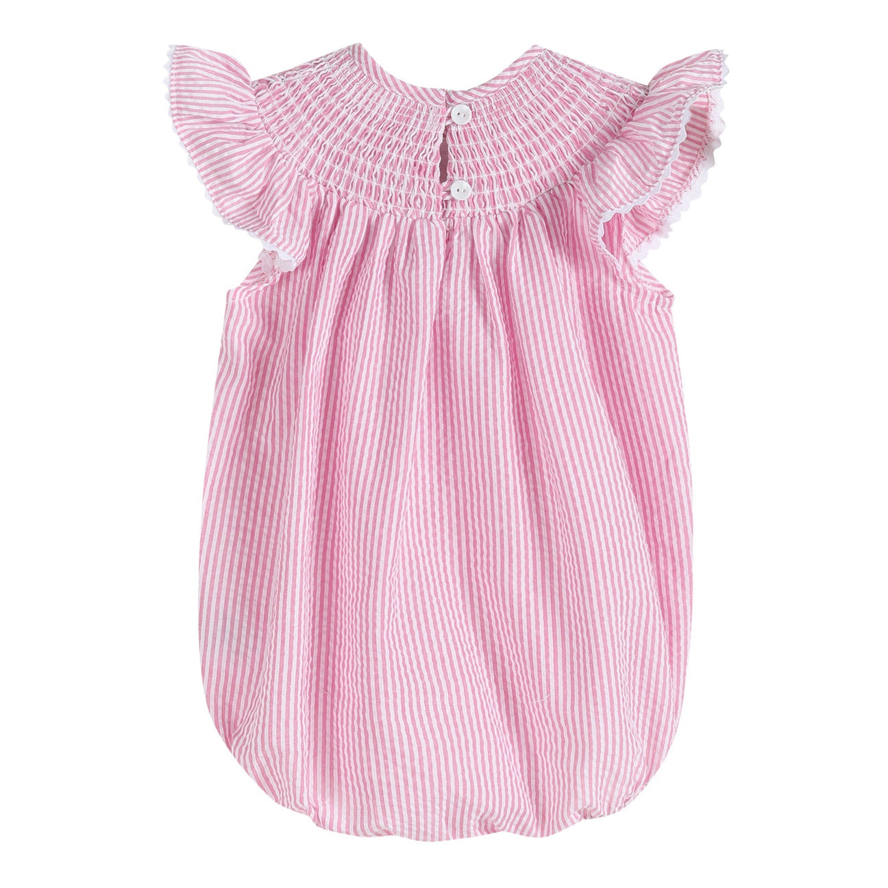 Pink Seersucker Running Bunnies Smocked Flutter Romper