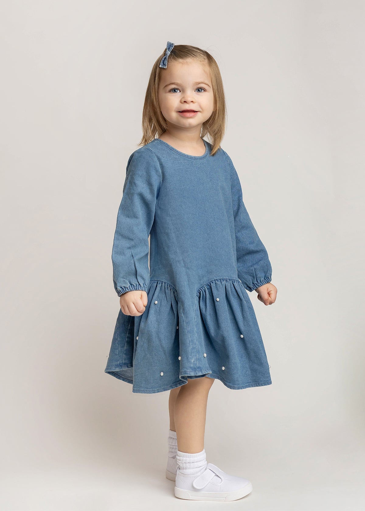 Denim Doll Solid Pearl Embellished Dropwaist Dress