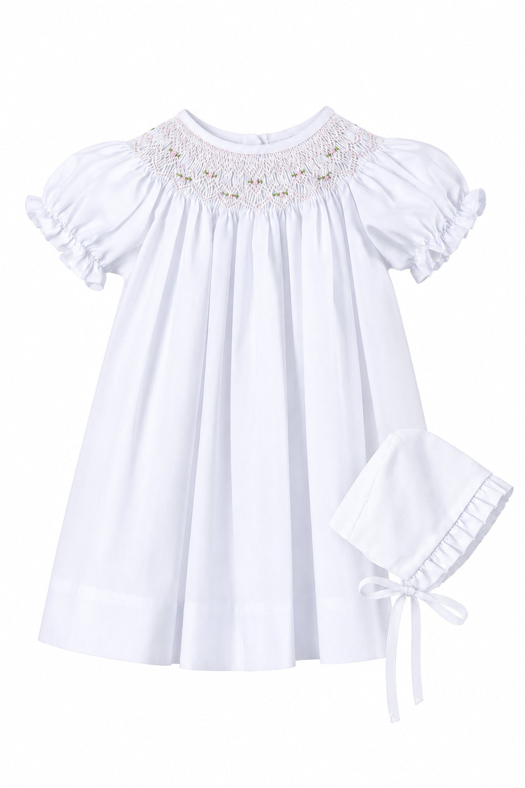 White Geometric Iris Smocked Dress w/Bonnet
