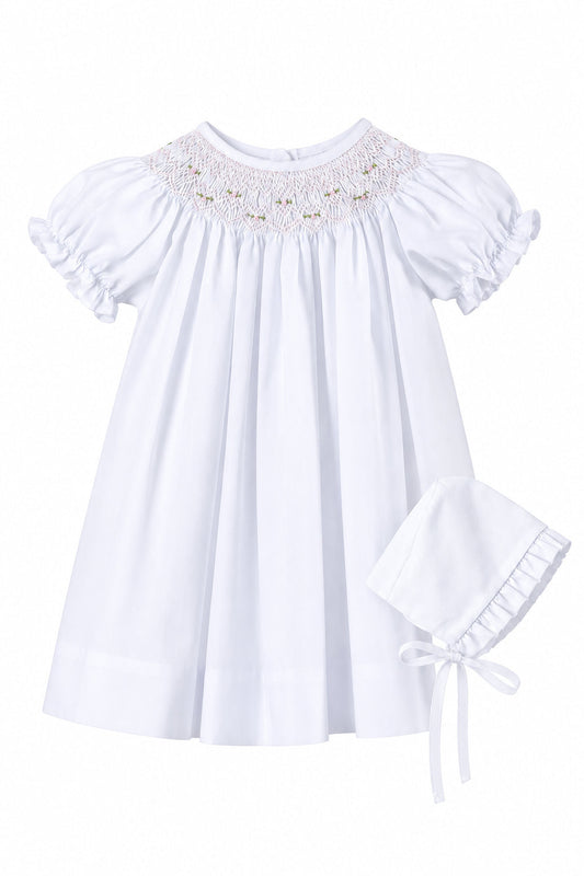 White Geometric Iris Smocked Dress w/Bonnet