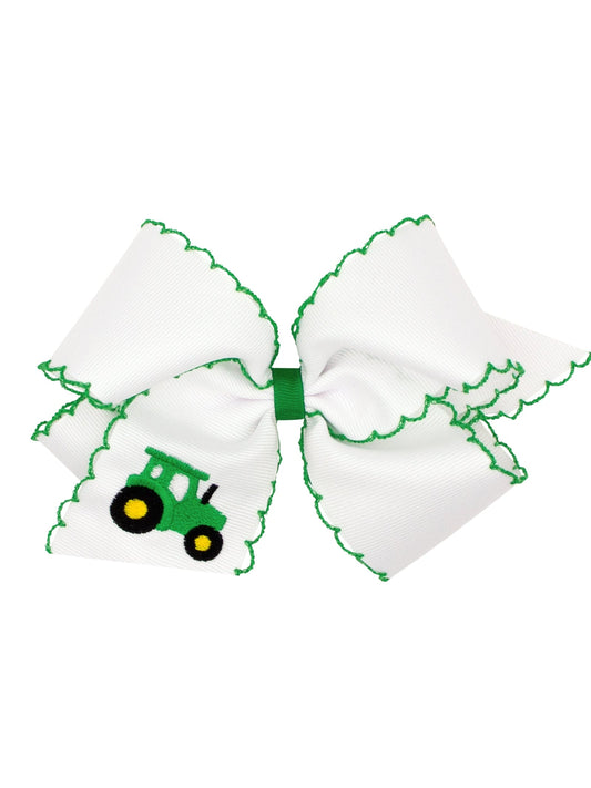 Grosgrain Bow w/ Moonstitch Edge and Green Tractor Embroidery