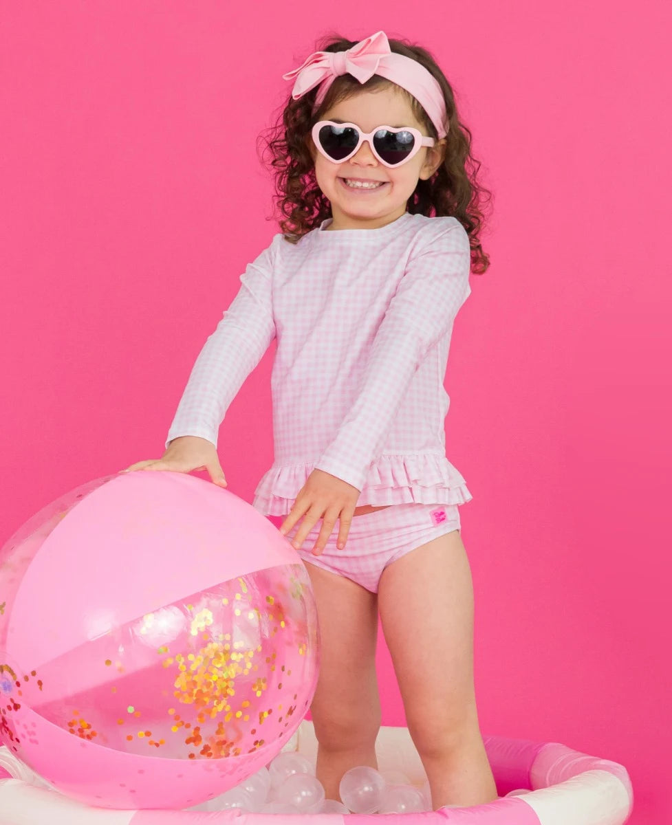 Pink Gingham Ruffle Hem Rash Guard 2-Piece