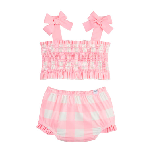 Smocked Pink Check 2pc Swimsuit
