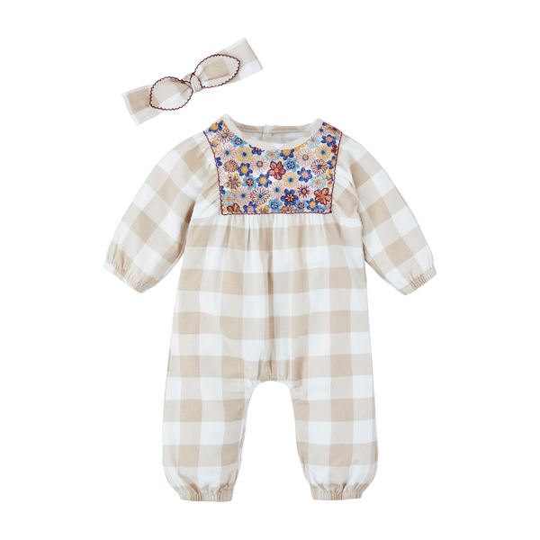 Neutral Check Floral Baby Longall Set