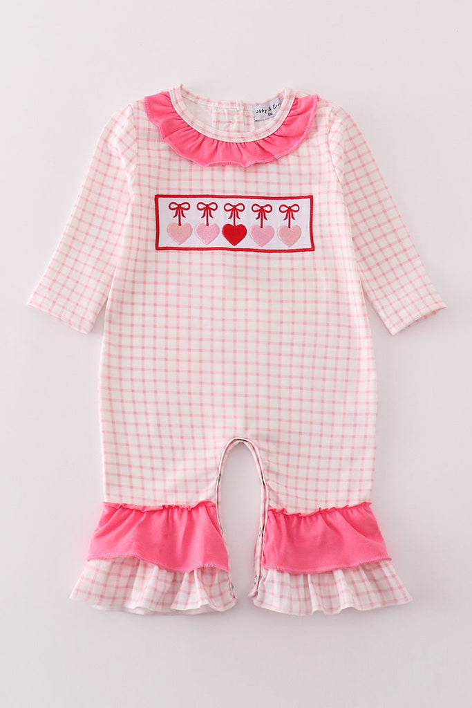 Pink Plaid Heart Embroidery Ruffle Romper