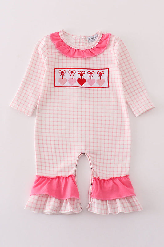 Pink Plaid Heart Embroidery Ruffle Romper