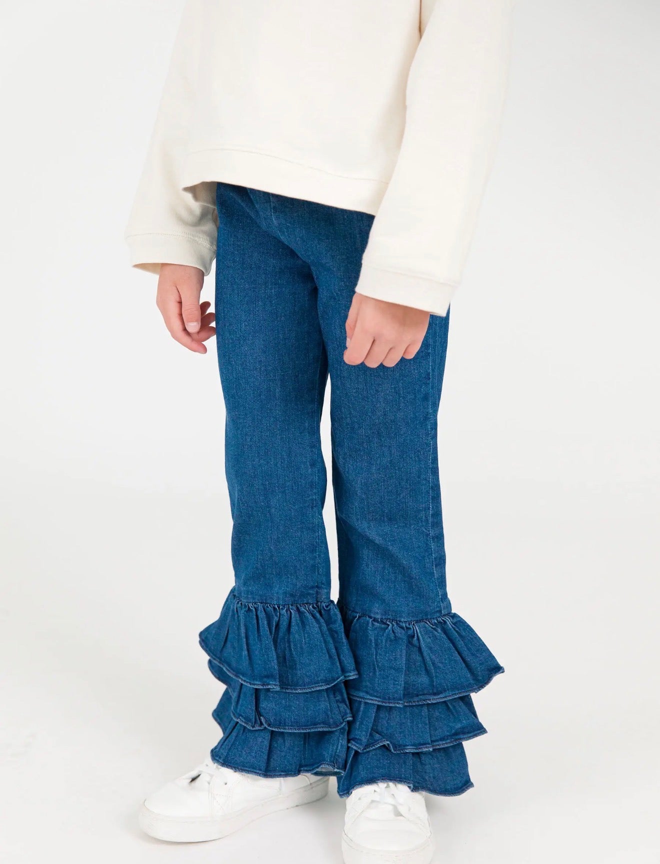Medium Wash Stretch Denim Ruffle Flare Pants