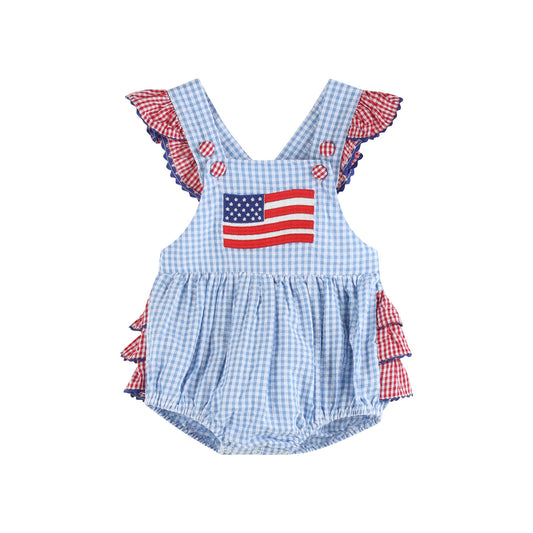 Light Blue and Red Gingham USA Flag Ruffle Romper