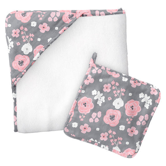 Charcoal Flower Muslin Hooded Towel & Washcloth