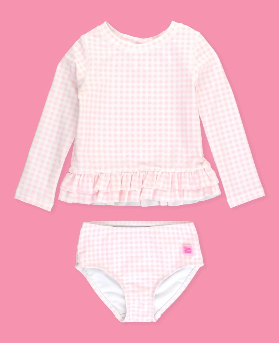 Pink Gingham Ruffle Hem Rash Guard 2-Piece