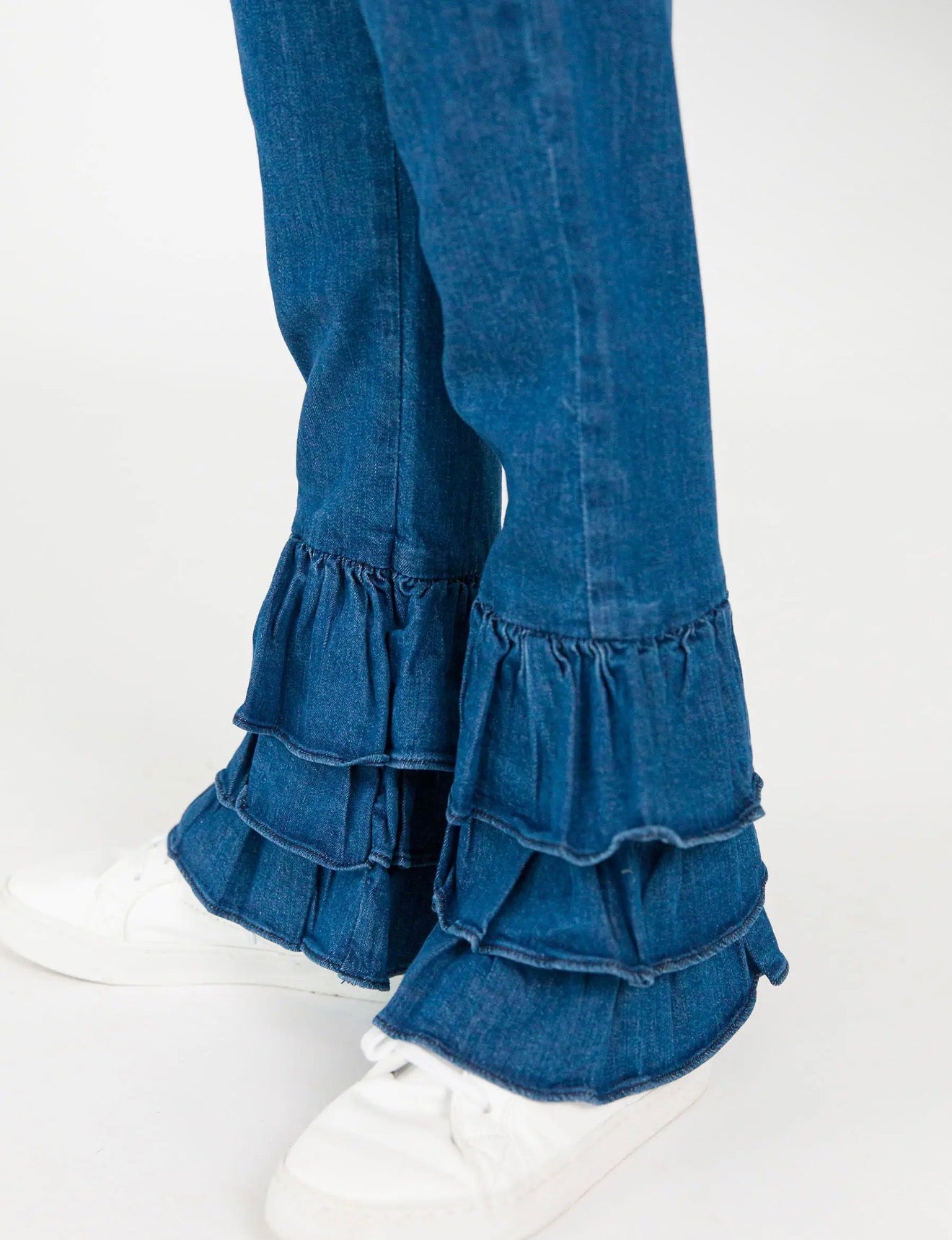 Medium Wash Stretch Denim Ruffle Flare Pants
