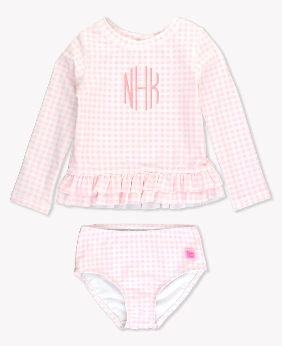 Pink Gingham Ruffle Hem Rash Guard 2-Piece