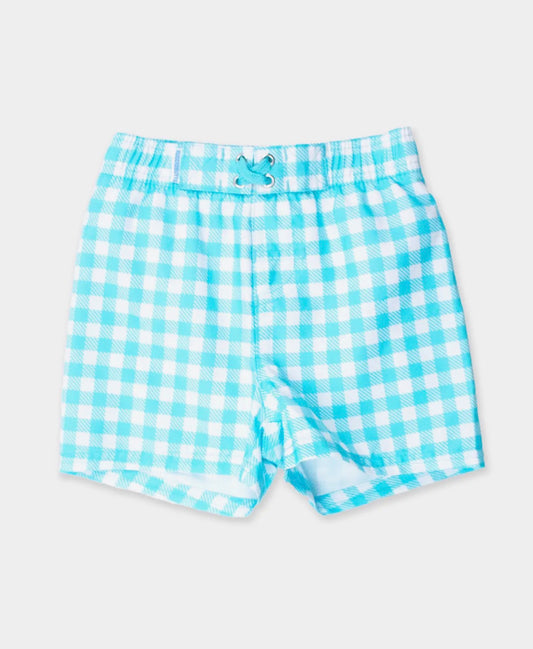 Boys Bright Aqua Gingham Swim Trunks