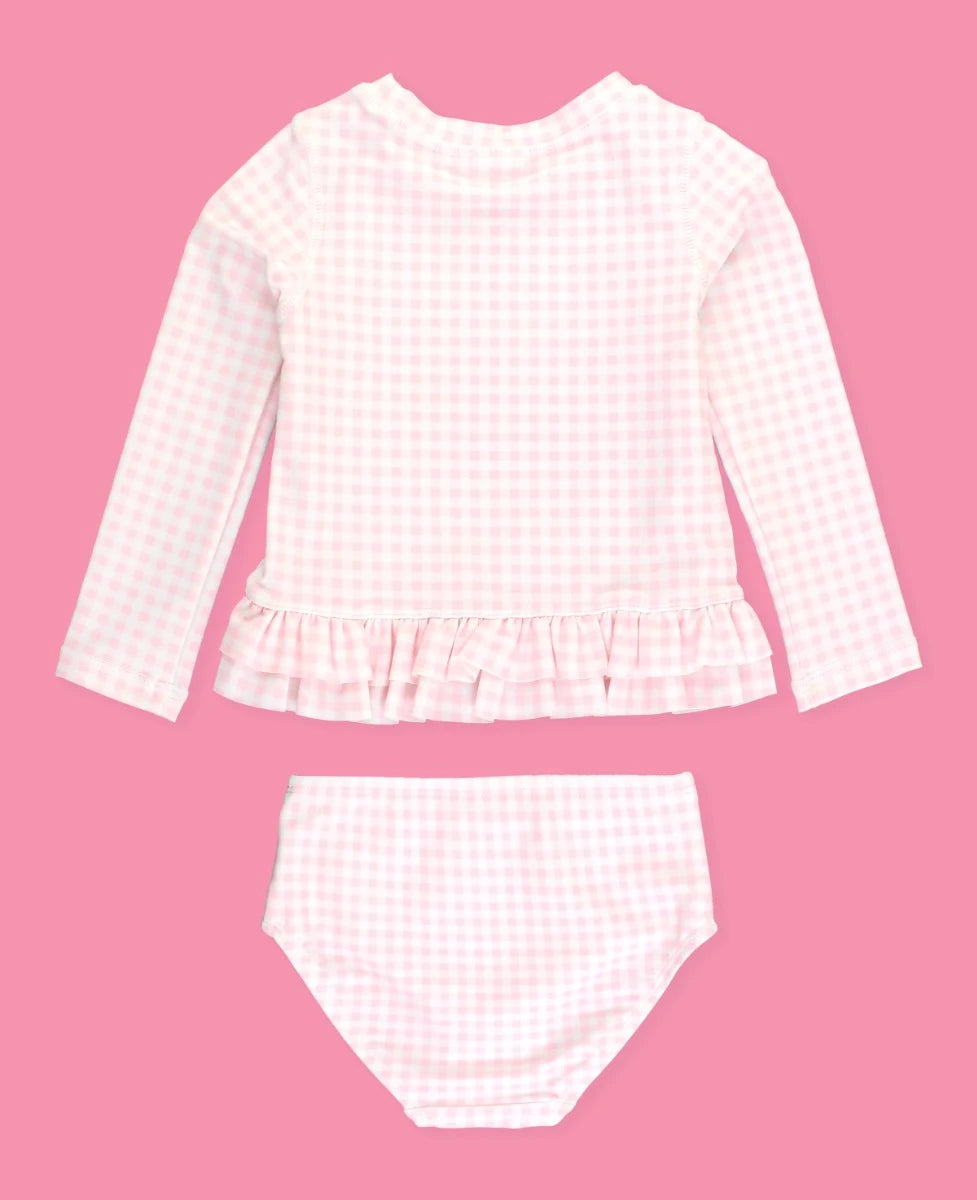 Pink Gingham Ruffle Hem Rash Guard 2-Piece