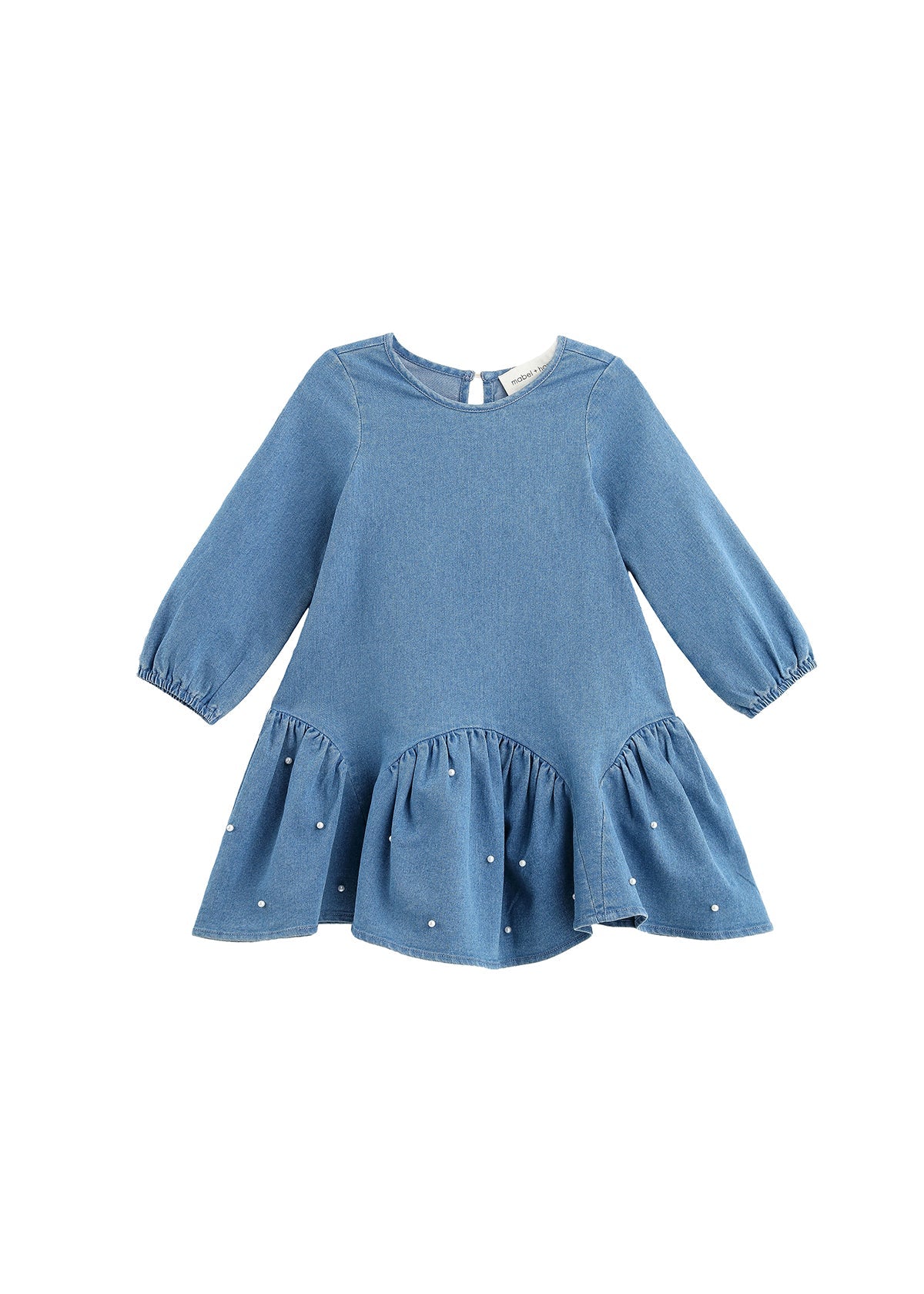 Denim Doll Solid Pearl Embellished Dropwaist Dress