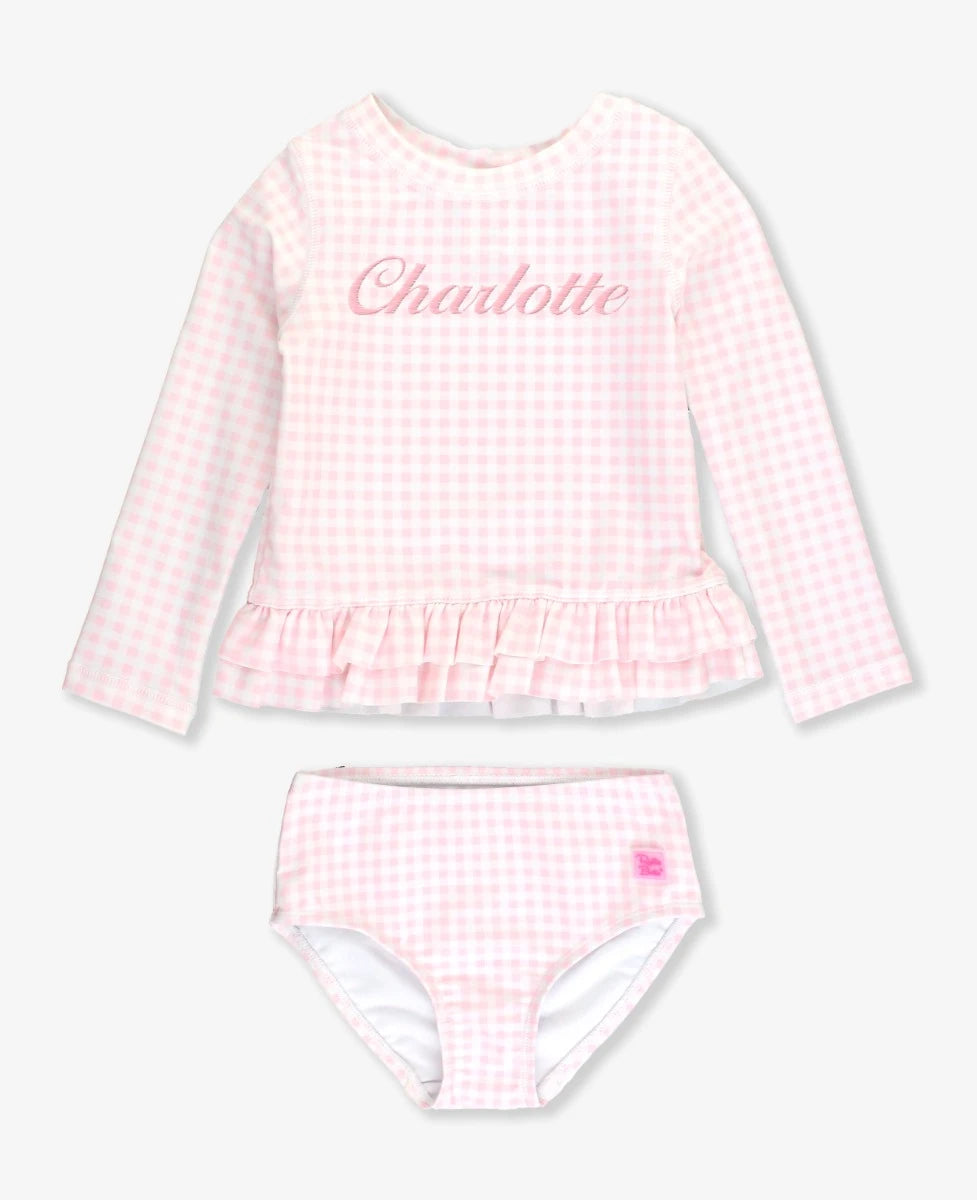 Pink Gingham Ruffle Hem Rash Guard 2-Piece