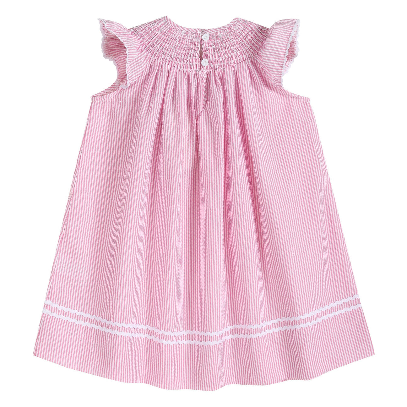 Pink Seersucker Running Bunnies Smocked Bishop Dress