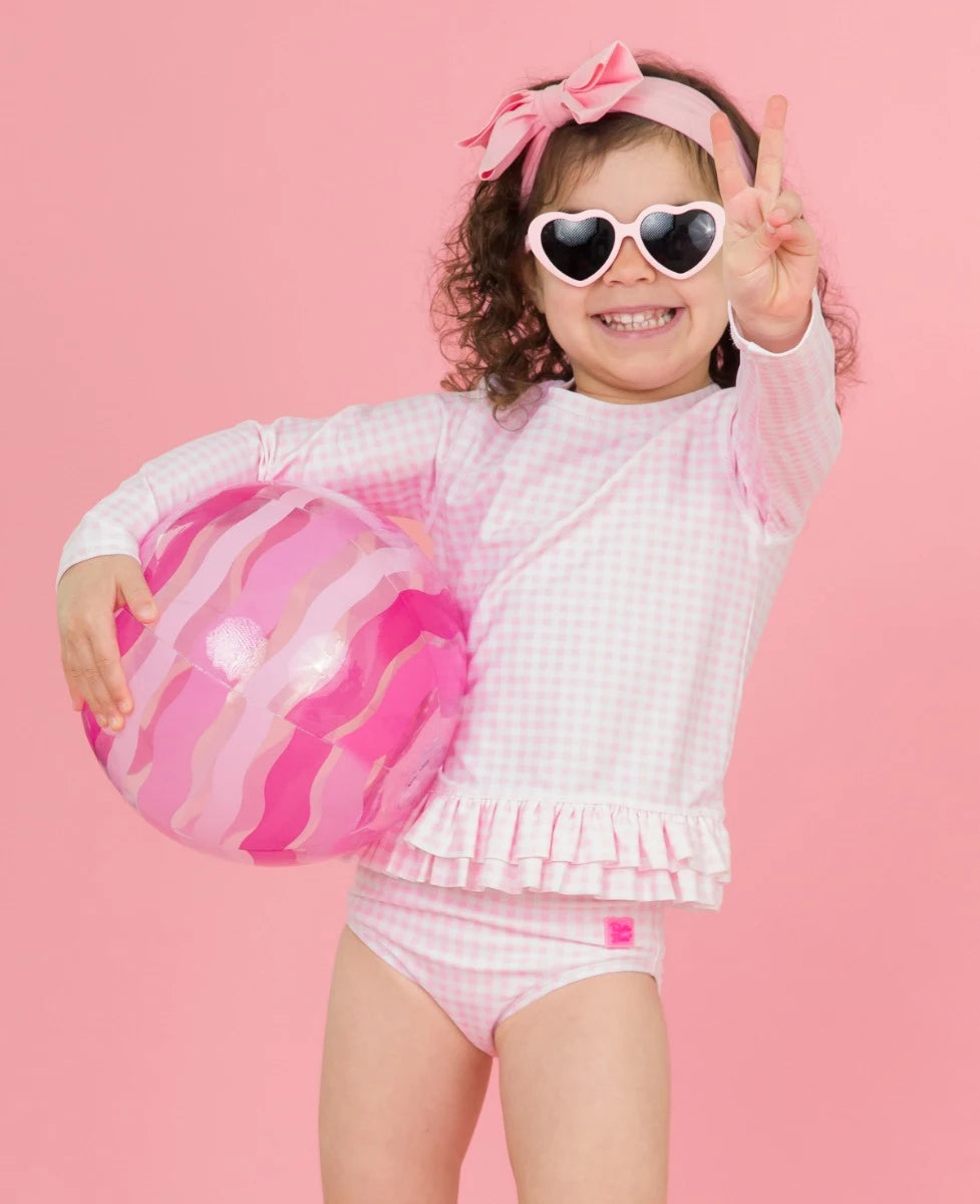 Pink Gingham Ruffle Hem Rash Guard 2-Piece