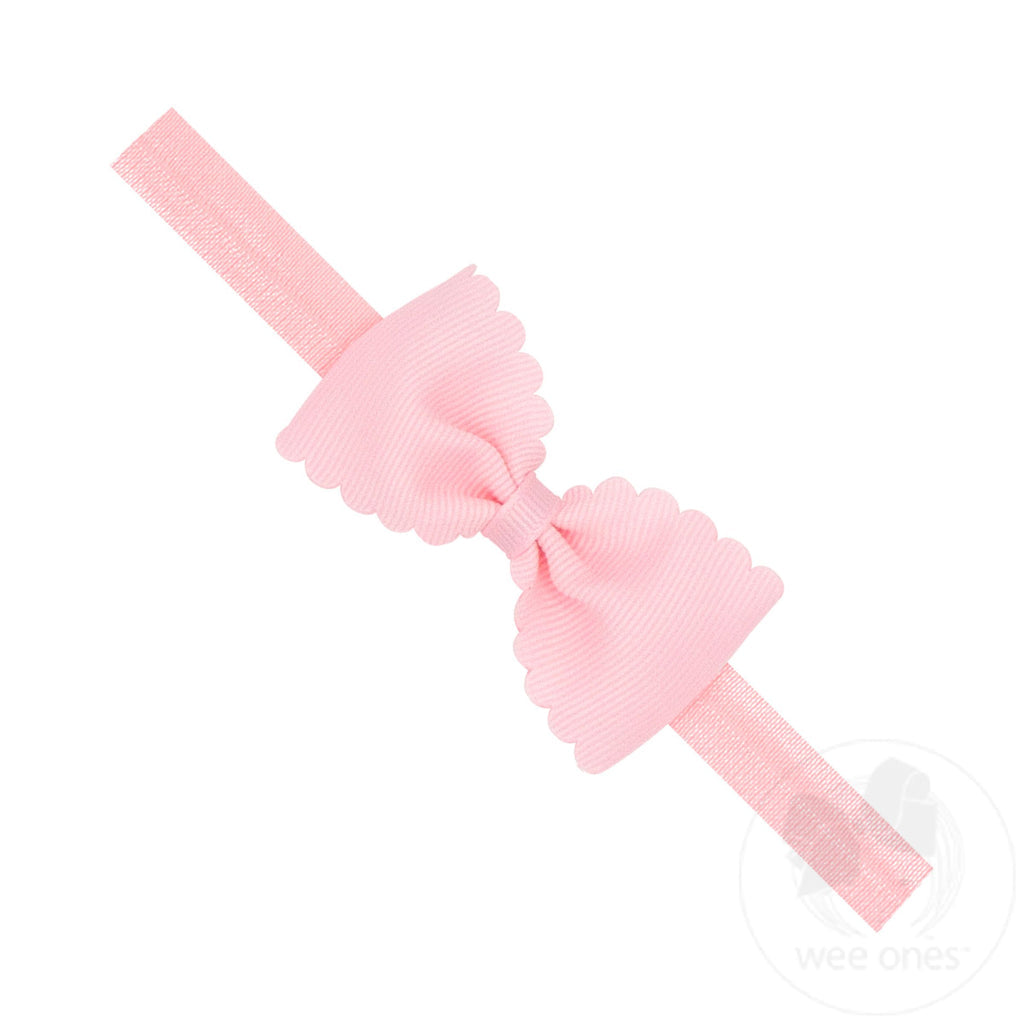 Extra Small Scalloped Edge Grosgrain Hair Bow on Matching Elastic Band