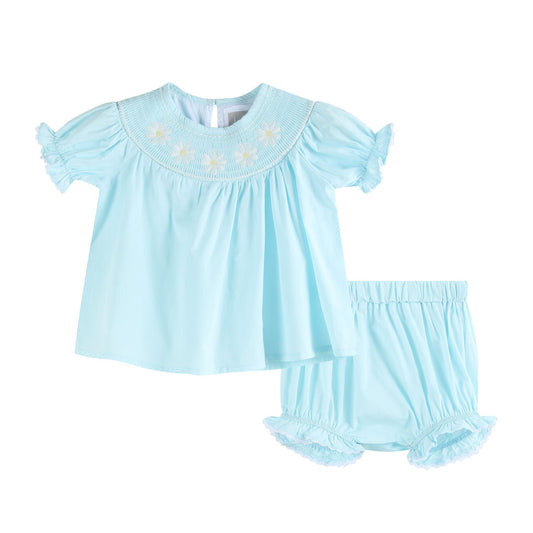 Light Blue Daisy Smocked Dress and Bloomer Set