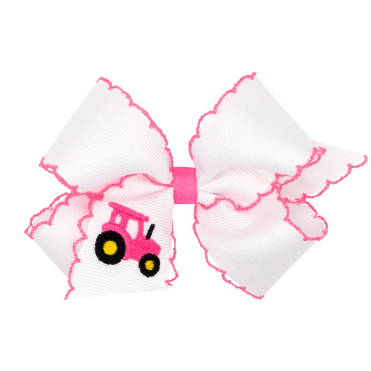 Grosgrain Bow w/ Moonstitch Edge and Pink Tractor Embroidery