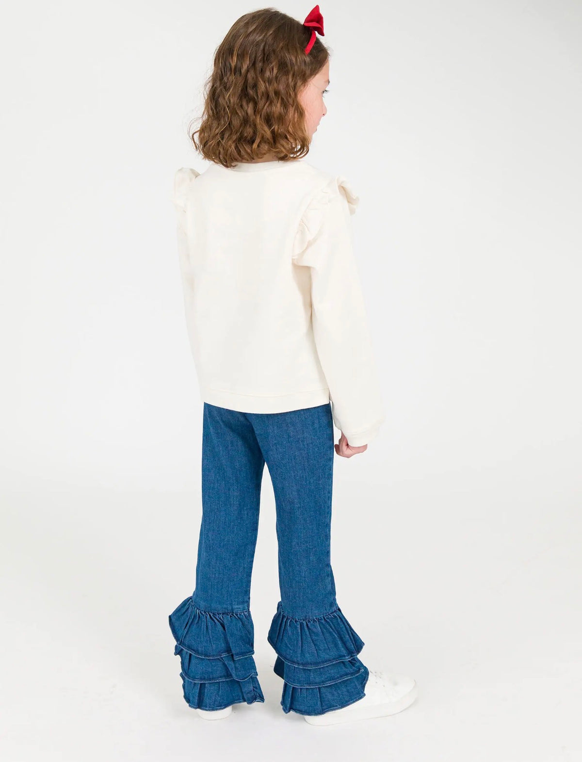 Medium Wash Stretch Denim Ruffle Flare Pants
