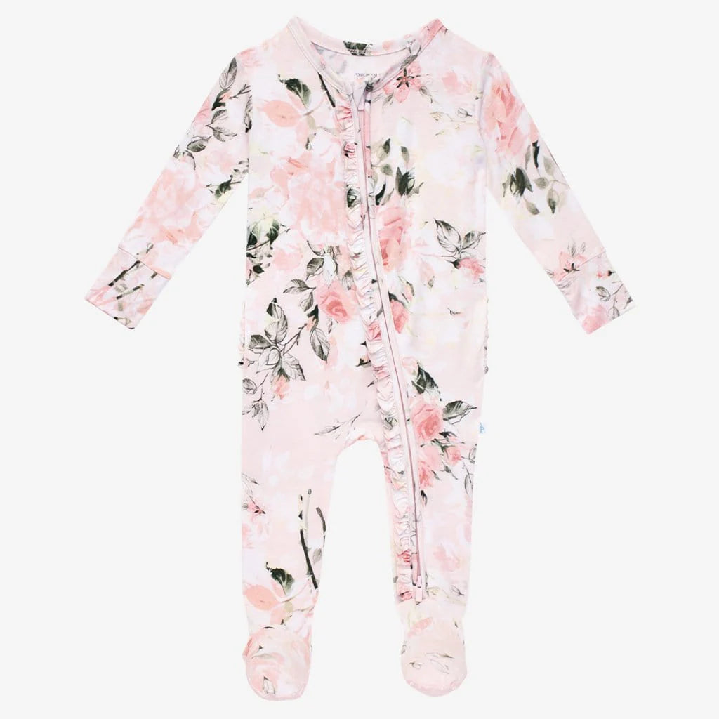 Vintage Pink Rose Ruffled Footie