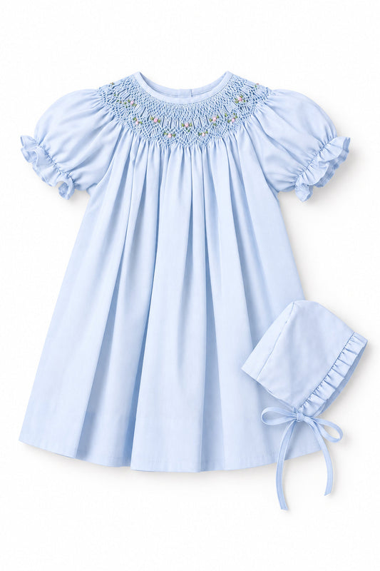 Light Blue Geometric Iris Smocked Dress w/Bonnet
