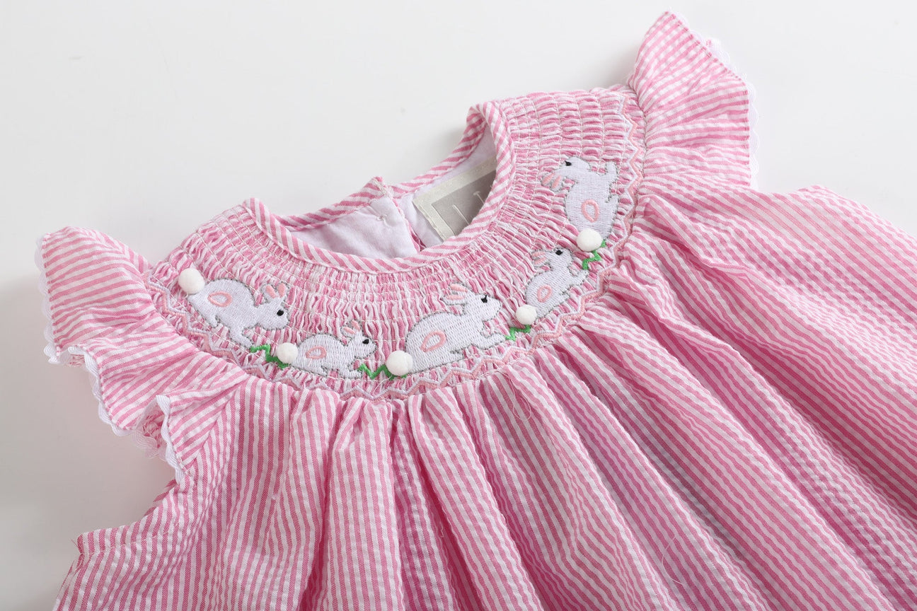 Pink Seersucker Running Bunnies Smocked Bishop Dress