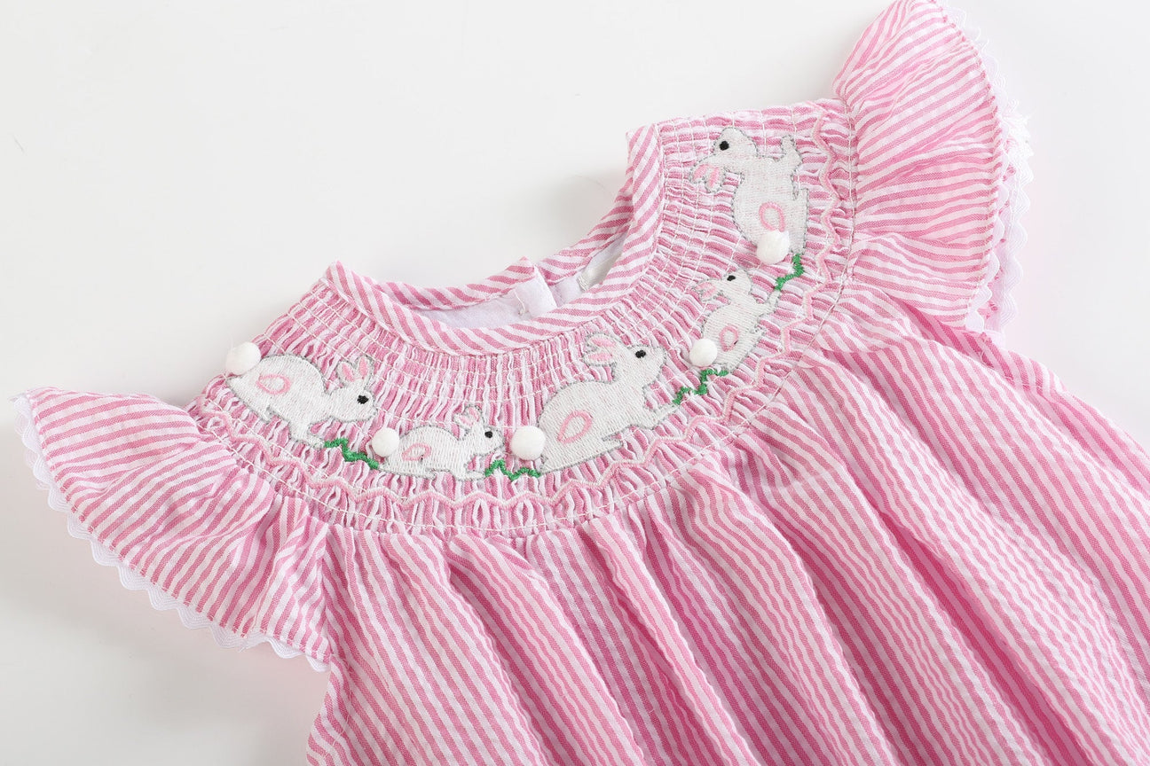 Pink Seersucker Running Bunnies Smocked Flutter Romper