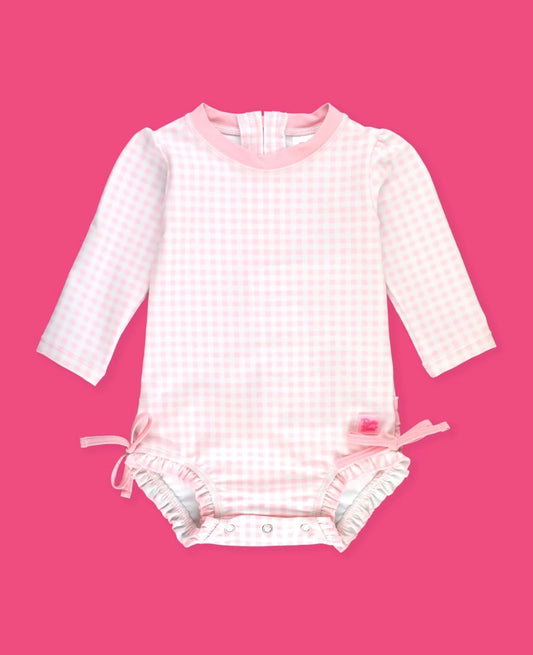Pink Gingham LS One Piece Rash Guard