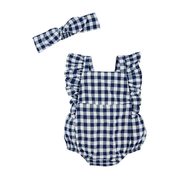 Gingham Sunshine Bubble with Round Collar and Bows by Baby Club Chic