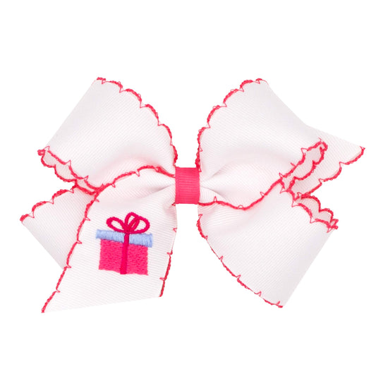 White Grosgrain Bow with Moonstitch Edge and Birthday Present Embroidery