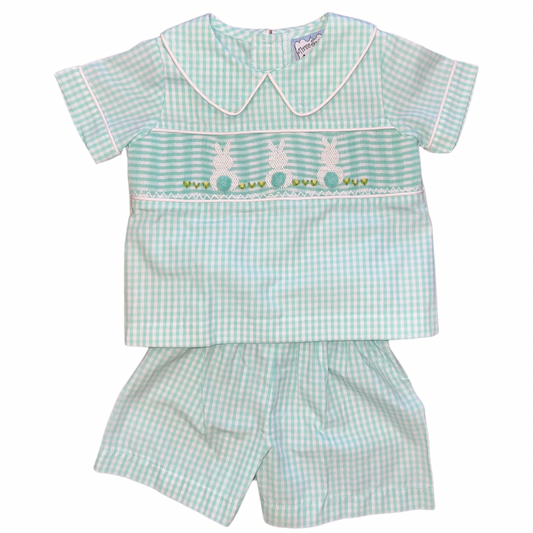 Mint Gingham Smocked Bunny Short Set